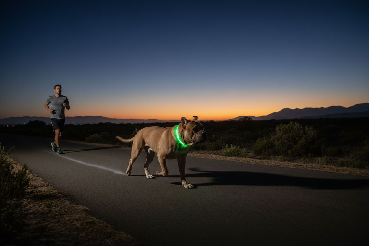 Boerboel with green glow collar running at sunrise