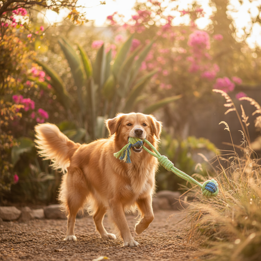 Dog playing with rope toy