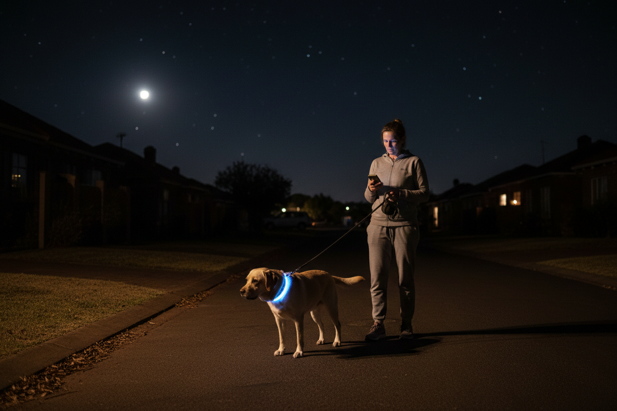 Woman walking Labrador with blue glow collar at night in SA suburb